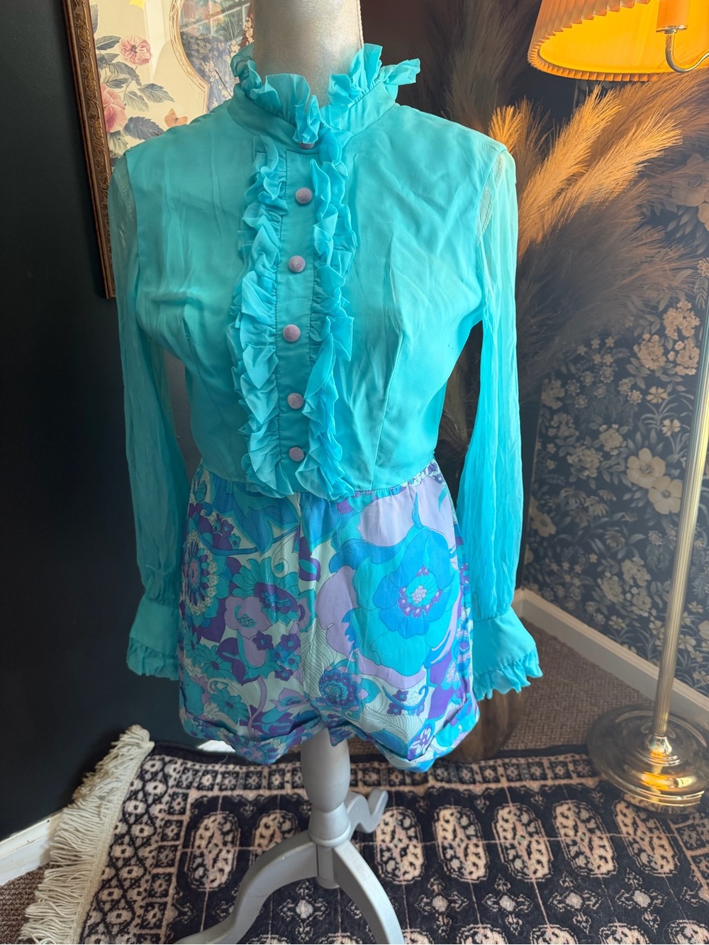 Vintage Turquoise Ruffle-Front playsuit with hot pants maxi 1970s rare handmade